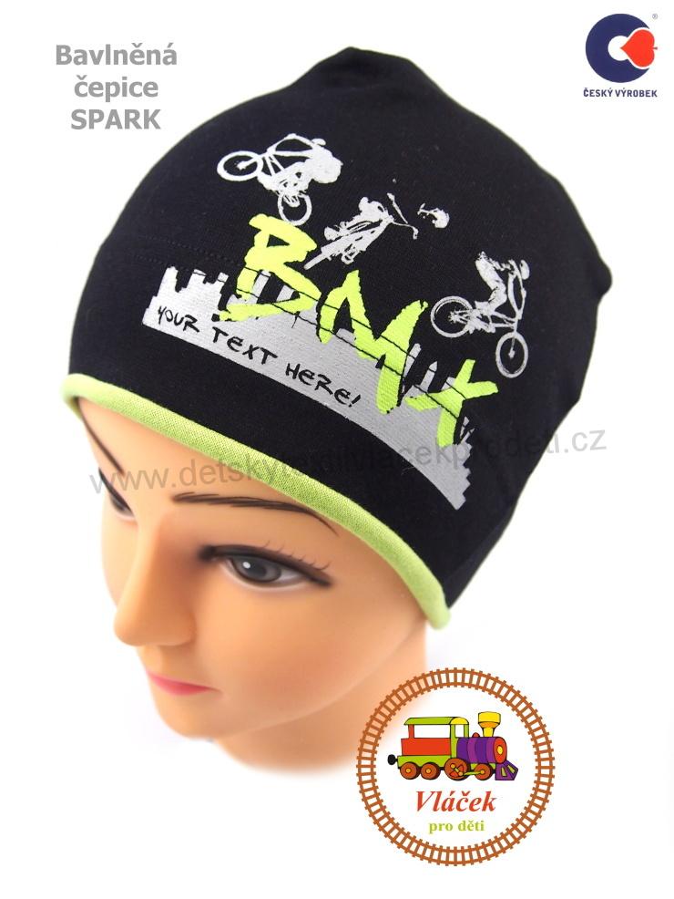 Dětská bavlněná čepice Spark Matěj č.652 černá s limetkovou vel.M (6měs-1rok)