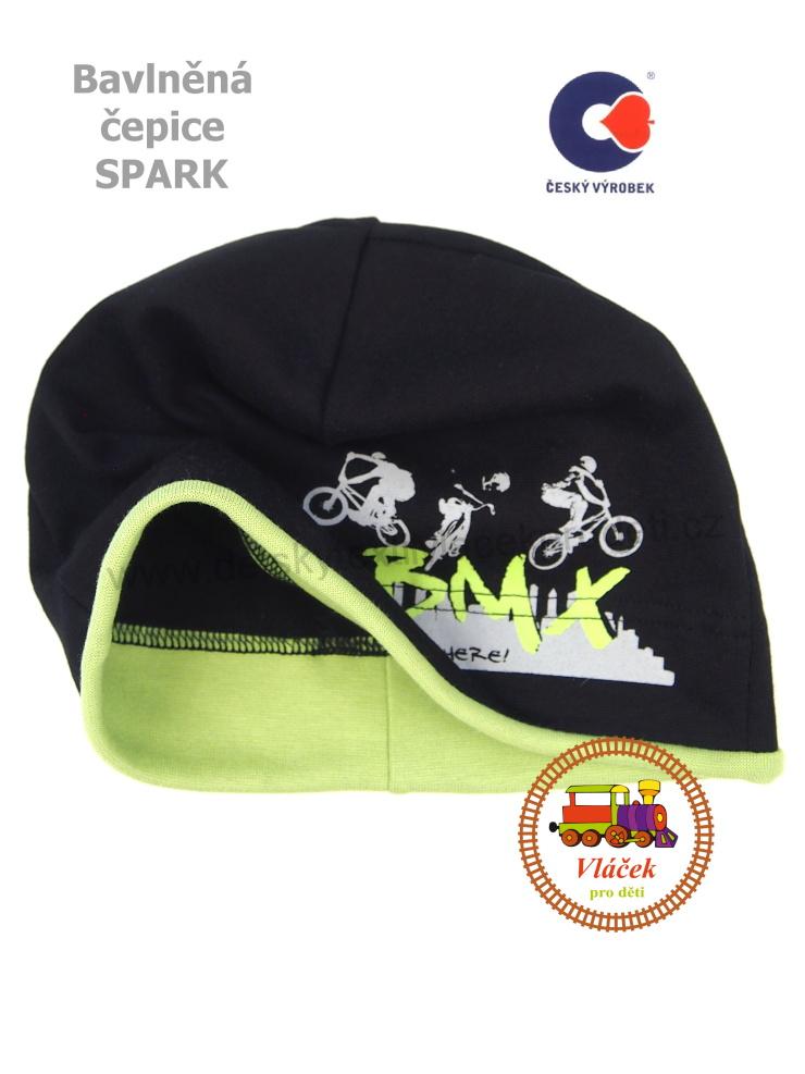 Dětská bavlněná čepice Spark Matěj č.652 černá s limetkovou vel.M (6měs-1rok)