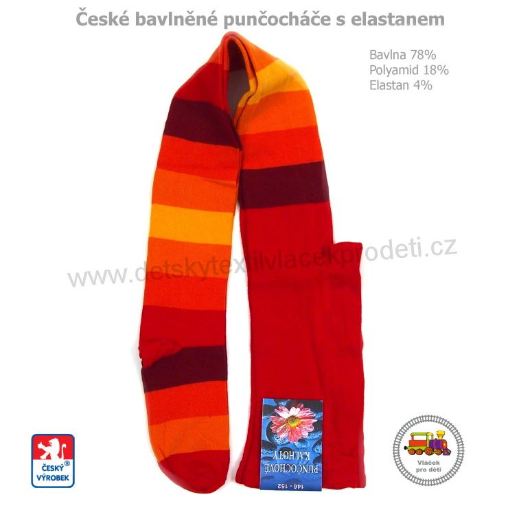 Punčocháče bavlněné s elastanem široký červenooranžový pruh vel.128-134