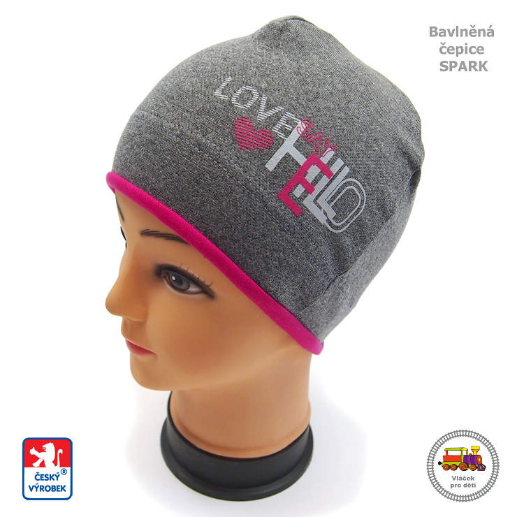 Dívčí bavlněná čepice Spark /509/ tmavší šedá s růžovou LOVE HELLO vel.XL (3-6let)