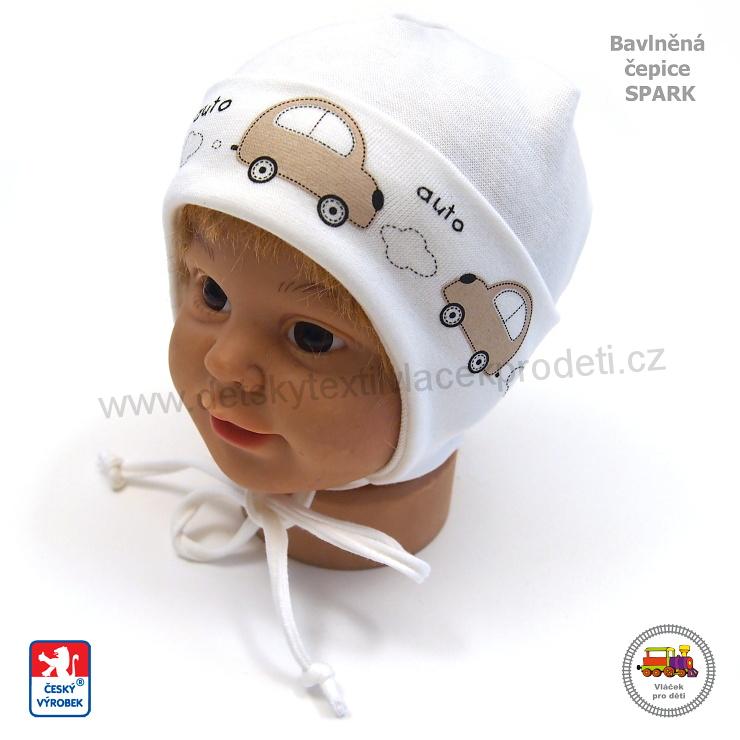 Chlapecká bavlněná čepice zavazovací Spark /497/ smetanová s Autíčky vel.S (2-6měs)
