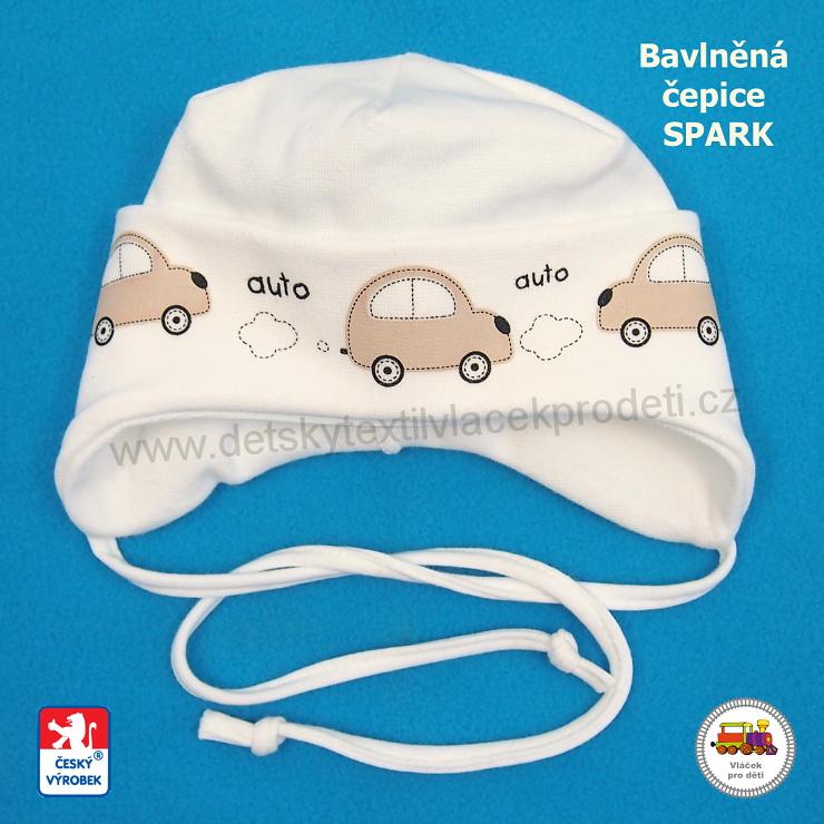 Chlapecká bavlněná čepice zavazovací Spark /497/ smetanová s Autíčky vel.S (2-6měs)