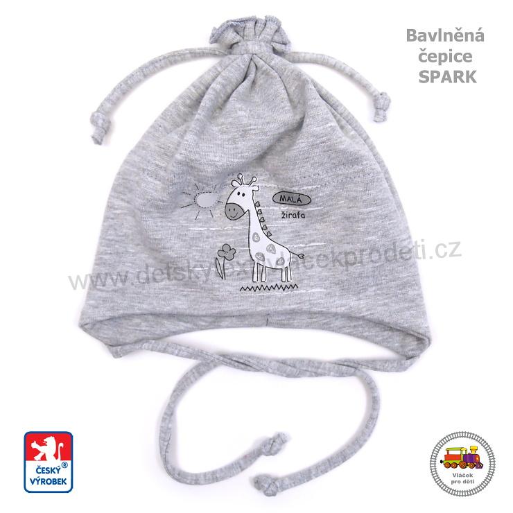Kojenecká bavlněná čepice zavazovací Spark /472/ šedá se Žirafou vel.XS (0-2měs)