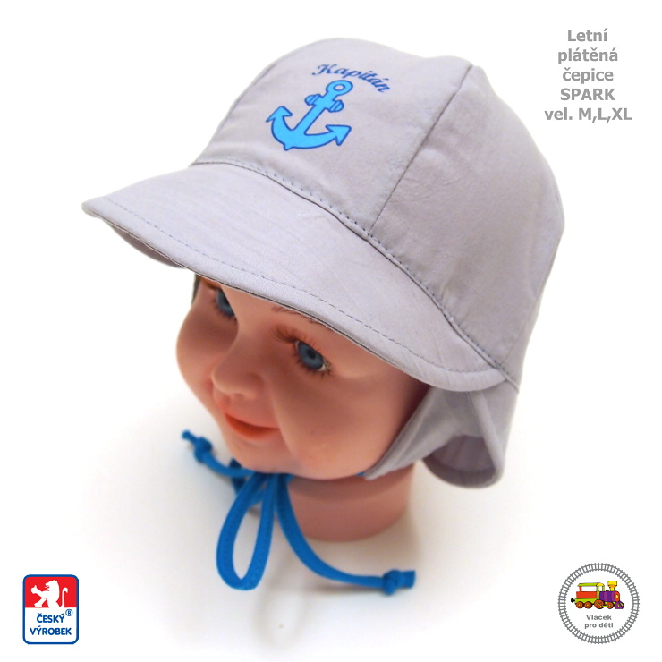 Dětská plátěná letní čepice Spark /370/ Kapitán světle šedá zavazovací vel.M (6měs-1rok)