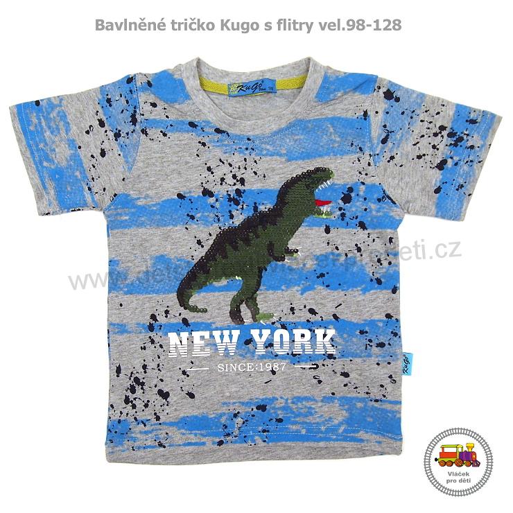 Tričko chlapecké Kugo ML-7163 šedotyrkysové s dinosaurem z flitrů vel. 98