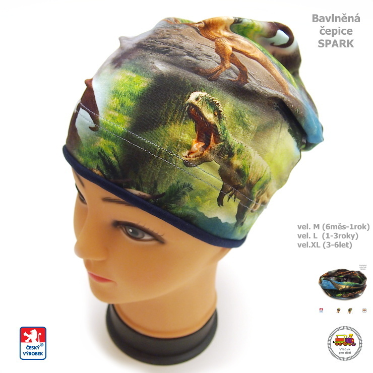Bavlněná čepice Spark /275/ dlouhá Dinosauři vel.M (6měs-1rok)