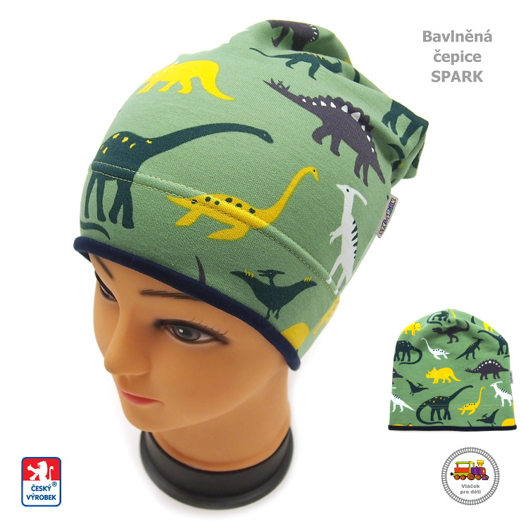 Bavlněná čepice Spark dlouhá /170/ zelení Dinosauři vel.L (1-3roky)