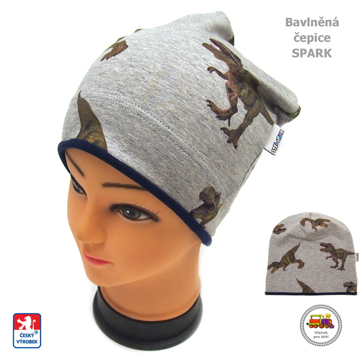 Bavlněná čepice Spark dlouhá /134/ Dinosauři na šedé vel.L (1-3roky)