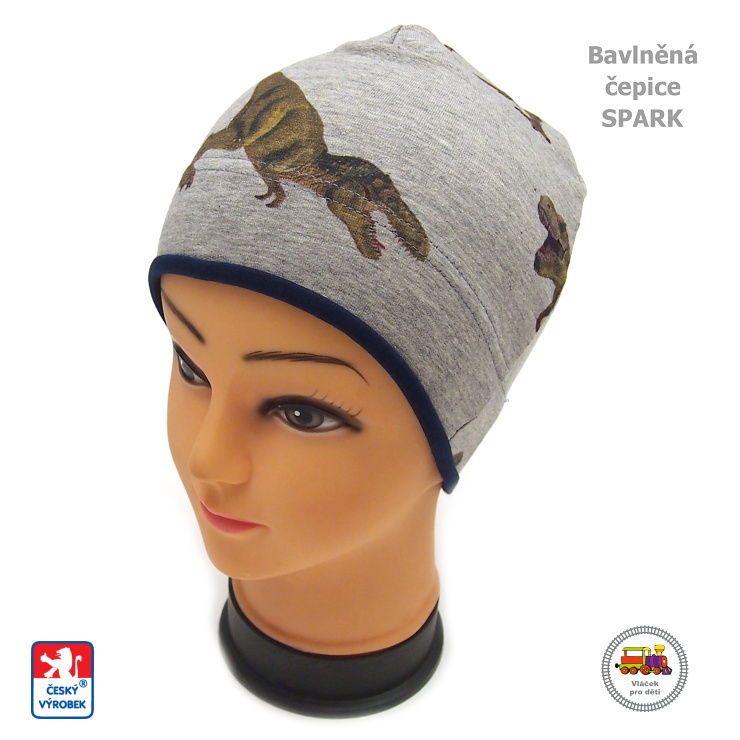 Bavlněná čepice Spark /130/ Dinosauři na šedé vel. L (1-3roky)