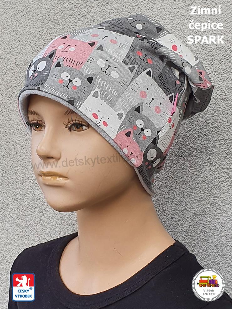 Dětská zimní čepice dlouhá Spark /1/ bavlna s fleesem Kočky na šedé vel.M (6měs-1rok)
