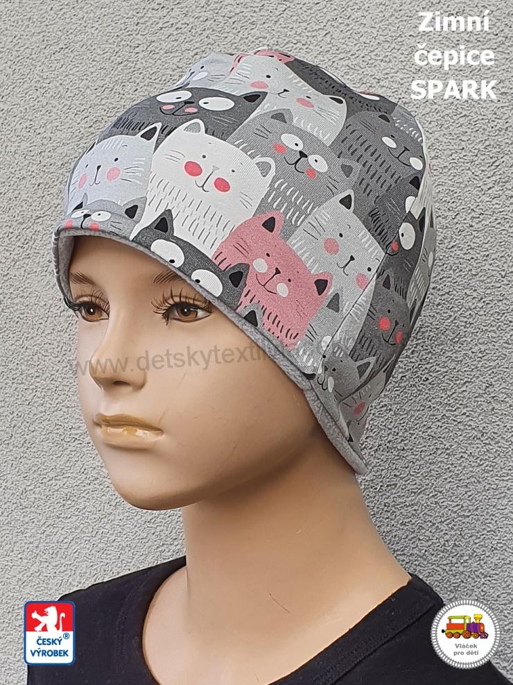 Dětská zimní čepice Spark /1A/ bavlna s fleesem Kočky na šedé vel.M (6měs-1rok)