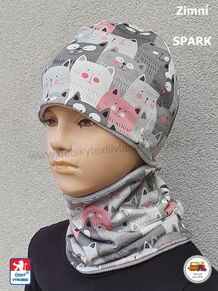Dětská zimní čepice Spark /1A/ bavlna s fleesem Kočky na šedé vel.M (6měs-1rok)