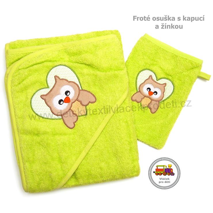 Kojenecká froté osuška s kapucí a žínkou, 100% bavlna, zelená č. 9