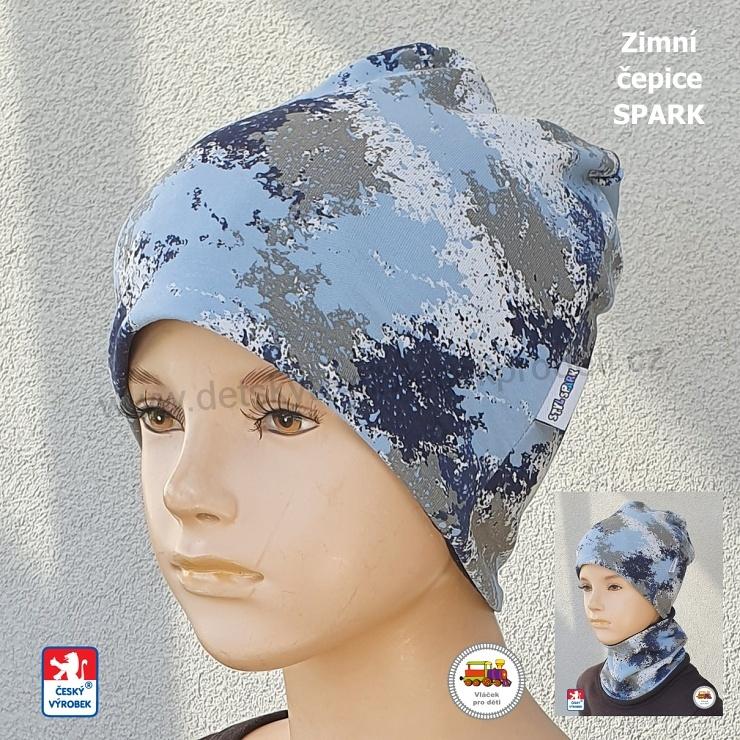 Dětská zimní čepice dlouhá Spark /9.797/ bavlna s fleesem Vzory na modré vel.L (1-3roky)