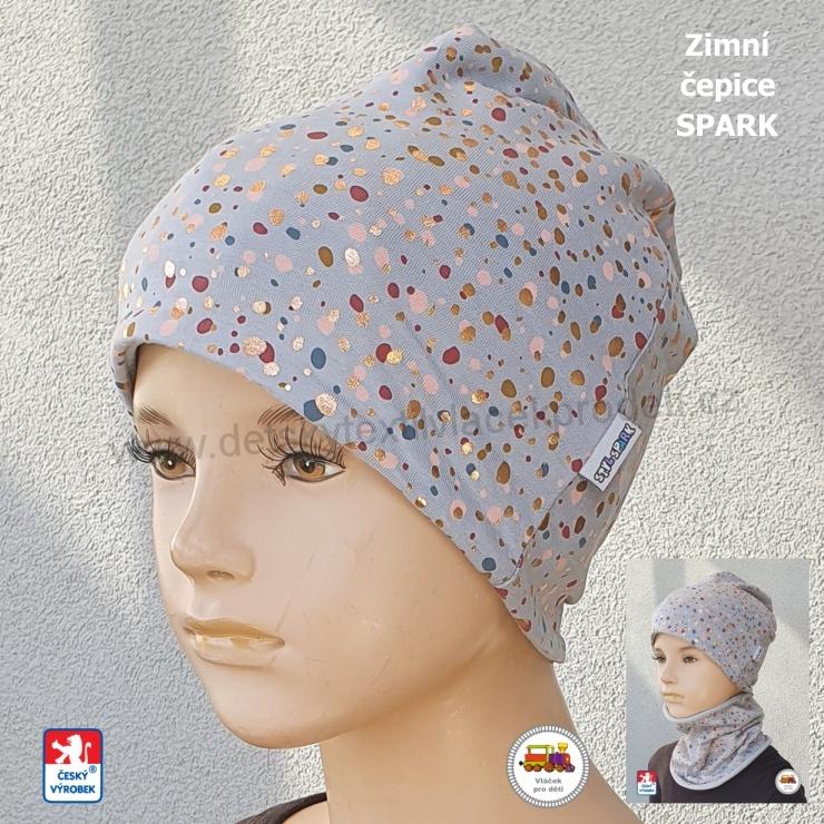 Dětská zimní čepice dlouhá Spark /9.789/ bavlna s fleesem Kaňky na šedé vel.XL (3-6 let)