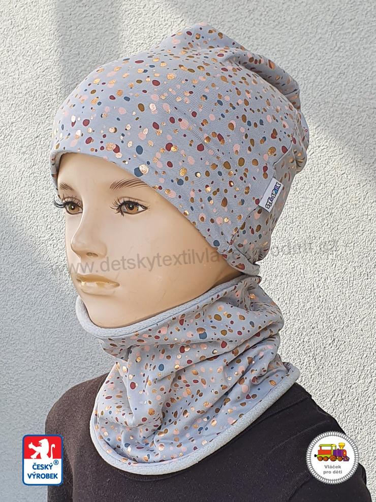 Dětská zimní čepice dlouhá Spark /9.789/ bavlna s fleesem Kaňky na šedé vel.XL (3-6 let)