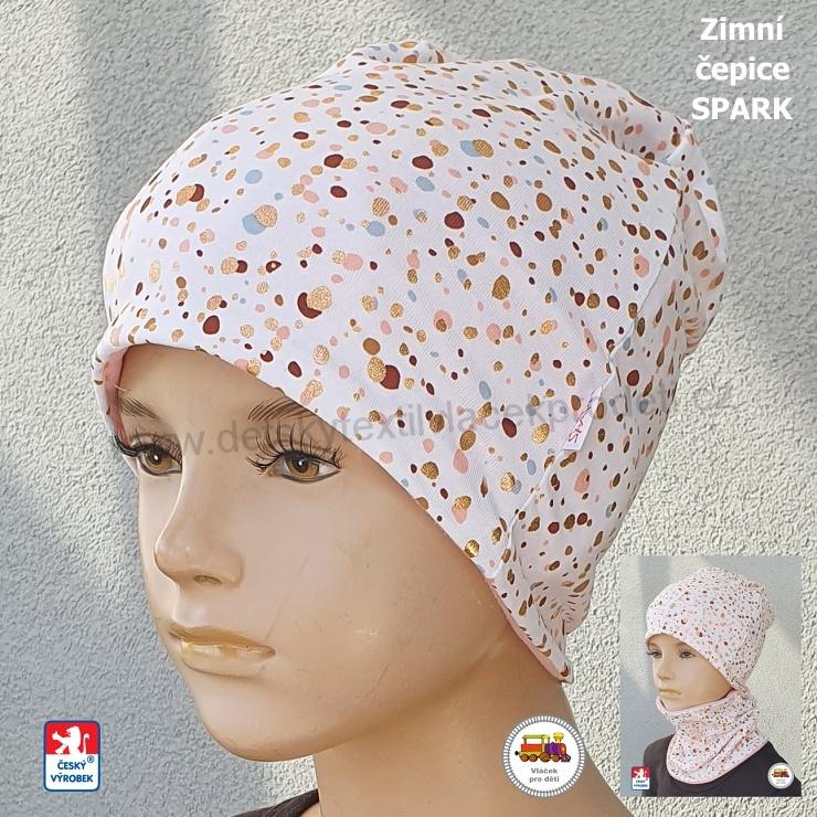 Dětská zimní čepice dlouhá Spark /9.786/ bavlna s fleesem Kaňky na bílé vel.XL (3-6 let)