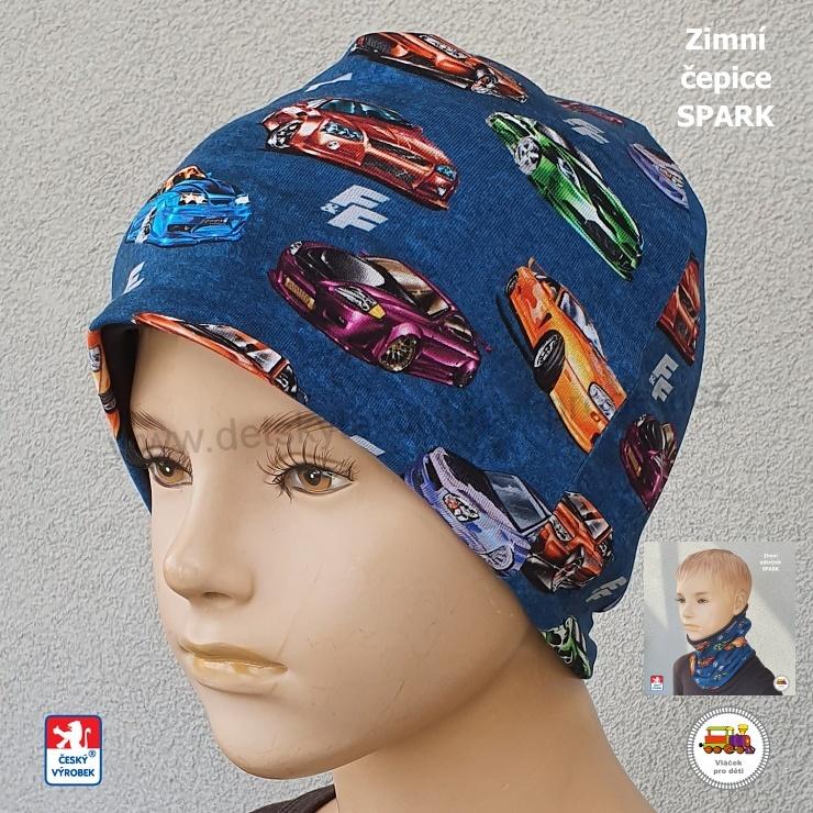 Dětská zimní čepice Spark /9.777/ bavlna s fleesem Auta na petrolejové vel.L (1-3roky)