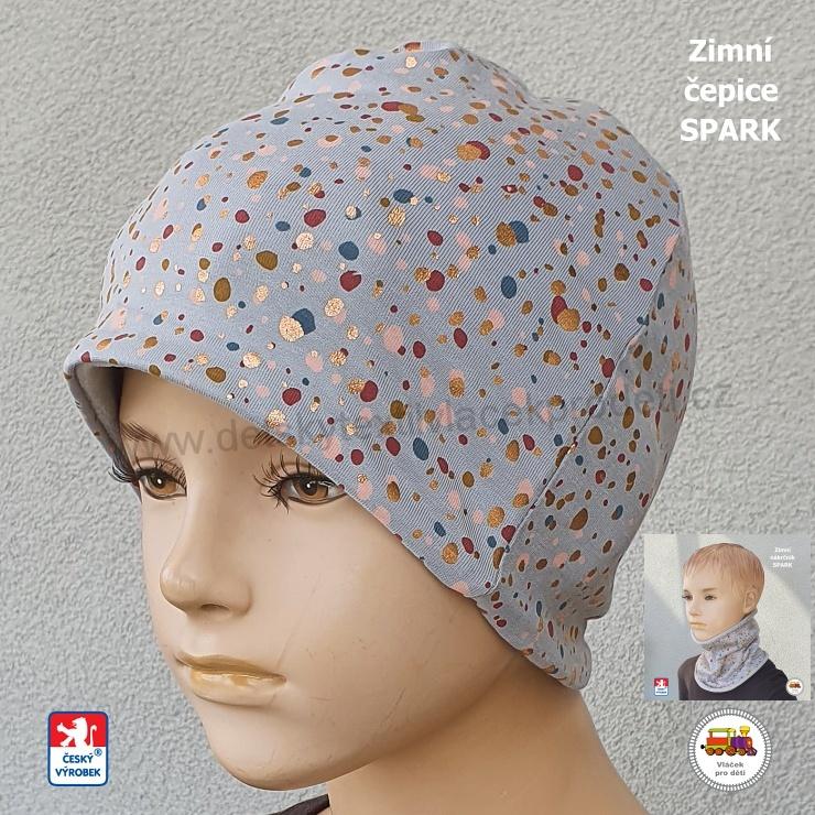 Dětská zimní čepice Spark /9.770/ bavlna s fleesem Kaňky na šedé vel.L (1-3roky)