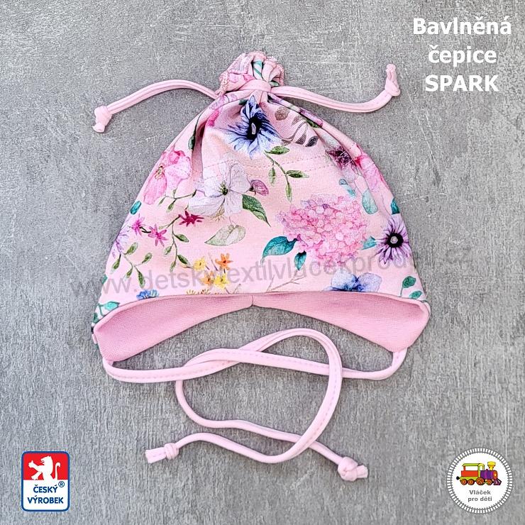 Bavlněná čepice Spark zavazovací /9.568/ Květiny na růžové vel.XS (0měs-2měs)