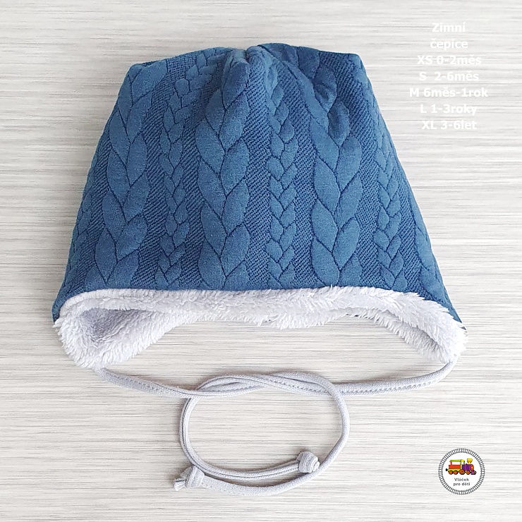 Dětská zimní čepice Spark /9.556/ Copánky zavazovací jeans vel.L (1-3roky)