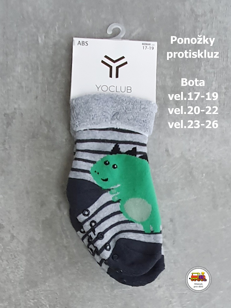 Dětské ponožky YOCLUB protiskluzové ABS /735/ froté šedé s dinosaurem vel.20-22