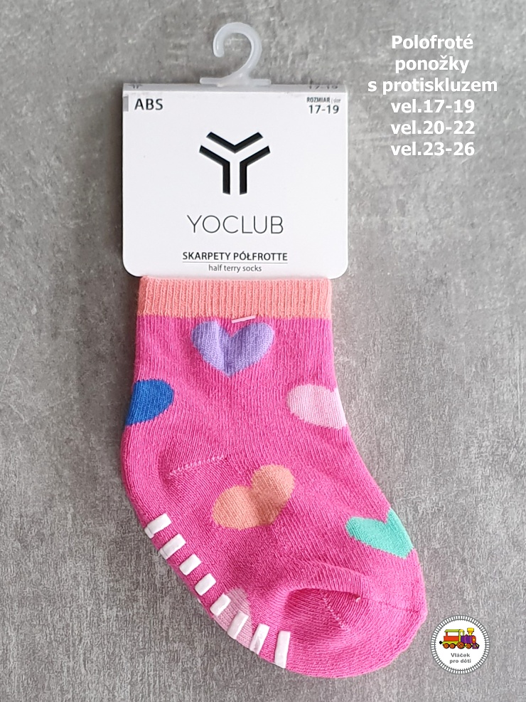 Dětské ponožky YO protiskluzové ABS /658/ polofroté růžové se srdíčky vel.17-19