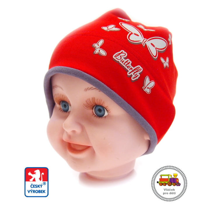 Dívčí bavlněná čepice Spark /761/ červený Motýlek vel.M (kolem 1 roku)