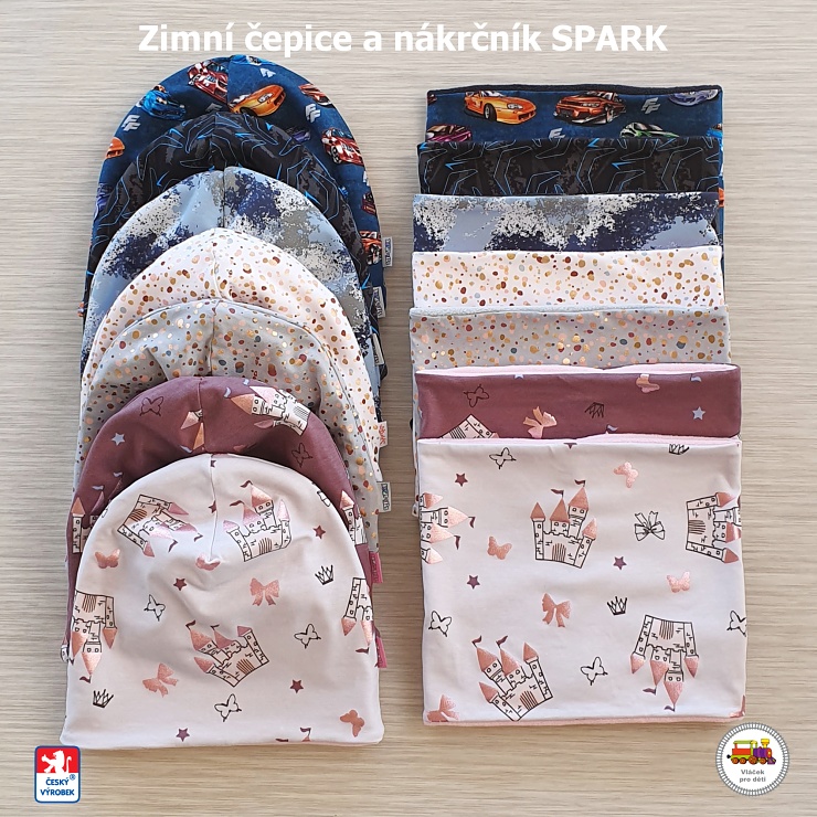 NOVINKA-Dětská zimní čepice dlouhá a nákrčník Spark bavlna s fleesem vel.L (1-3roky), XL (3-6let), XXL (6-X let)