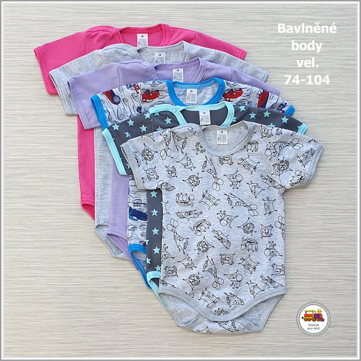 NOVINKA-Kojenecké body bavlněné krátký rukáv vel. 74, 80, 86, 92, 98, 104