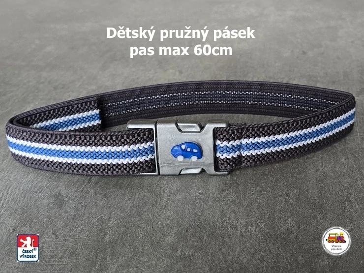 Dětský pásek se sponou /33/ pružný šedomodrý proužek s autem