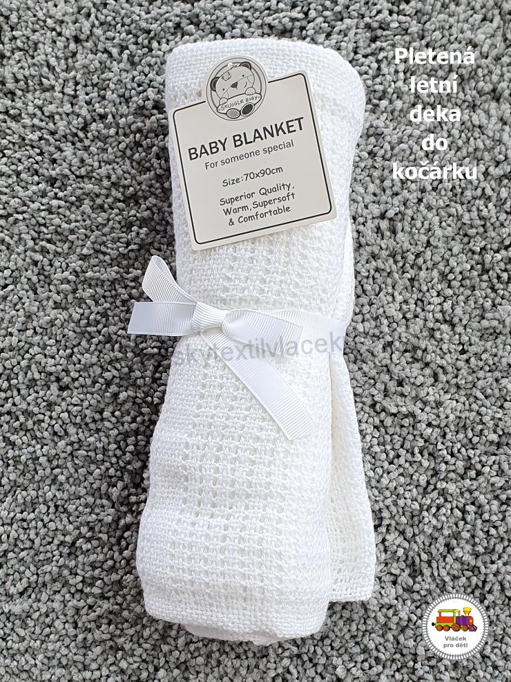 NOVINKA-Pletená deka do kočárku Baby blanket bílá, modrá, růžová a šedá
