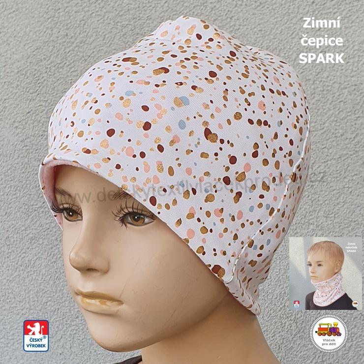 Dětská zimní čepice Spark /9.768/ bavlna s fleesem Kaňky na bílé vel.XL (3-6let)