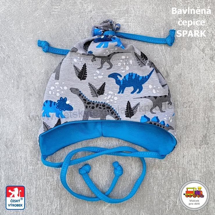 Bavlněná čepice Spark zavazovací /9.573/ Dinosaurus na šedé vel.S (2měs-6měs)