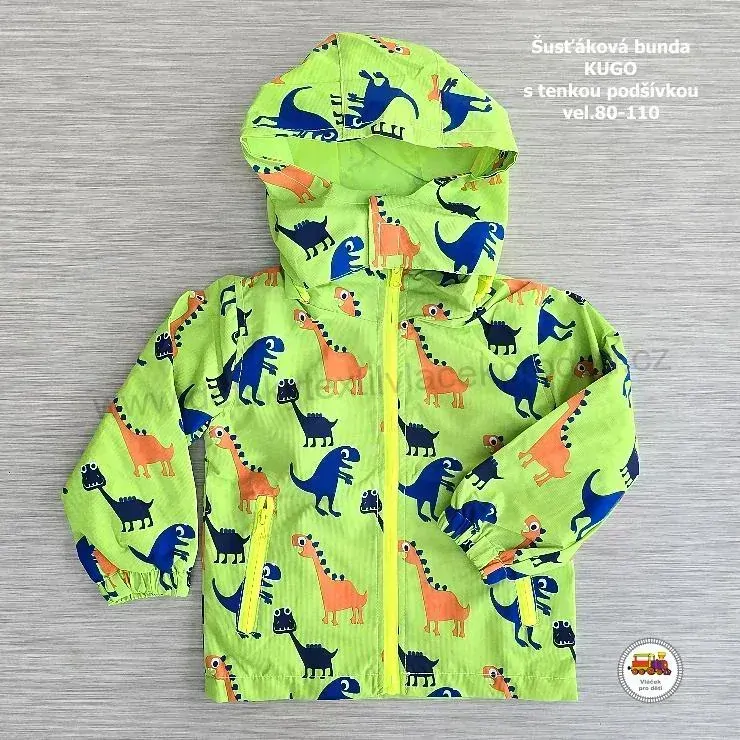 Šusťáková bunda s tenkou podšívkou Kugo B2828 Dinosauři na zelené vel.110