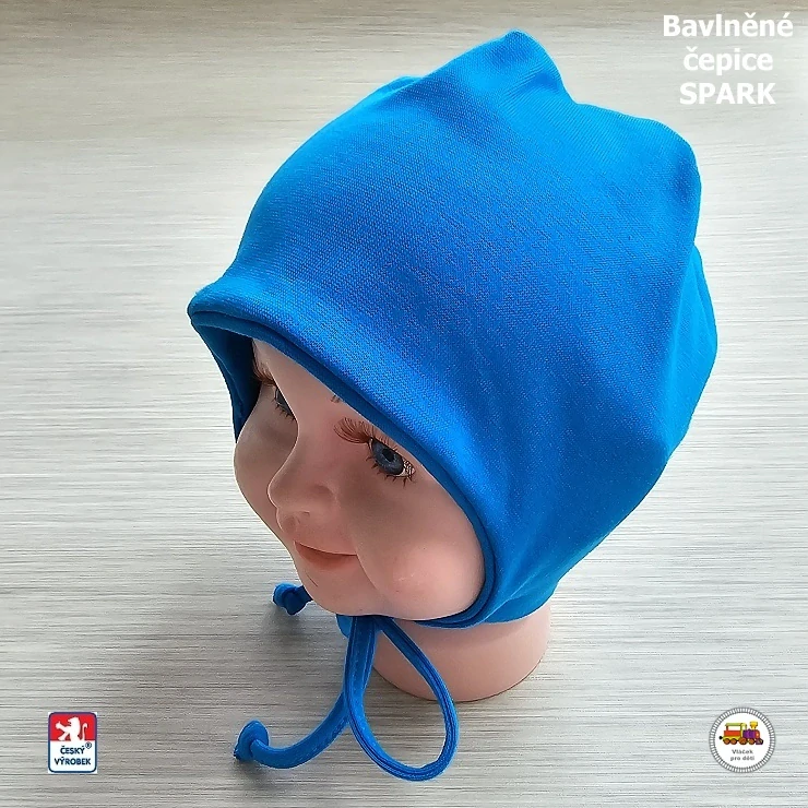 Bavlněná čepice Spark zavazovací /9.501/ středně modrá vel.L (1-3roky)