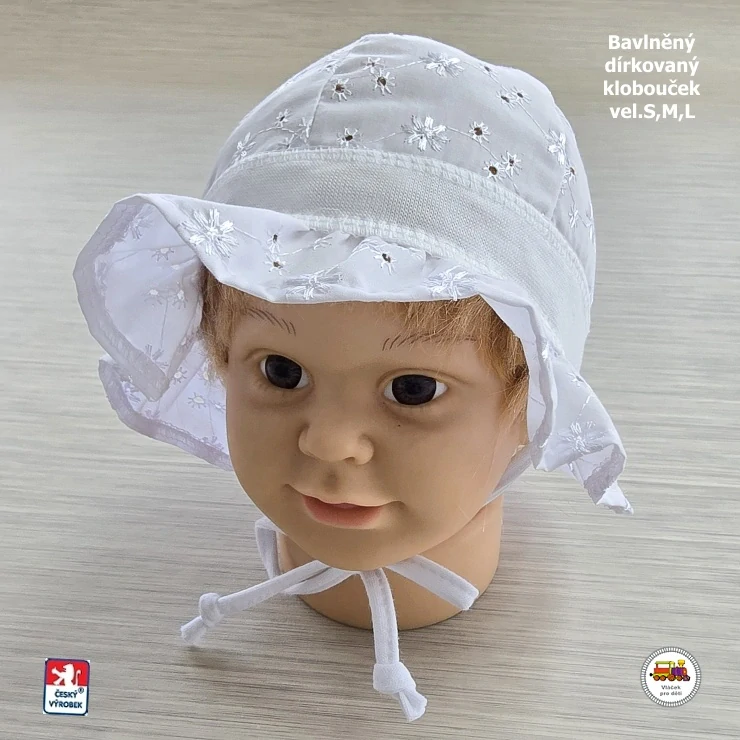 NOVINKA-Dívčí klobouček bavlněný zavazovací Spark dírkovaný vel.S (2-6měs), M (6měs-1rok), L (1-3roky)