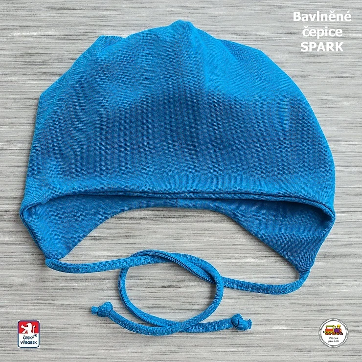 Bavlněná čepice Spark zavazovací /9.501/ středně modrá vel.L (1-3roky)