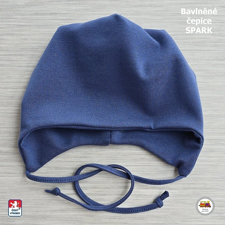 Bavlněná čepice Spark zavazovací /9.499/ jeans vel.L (1-3roky)