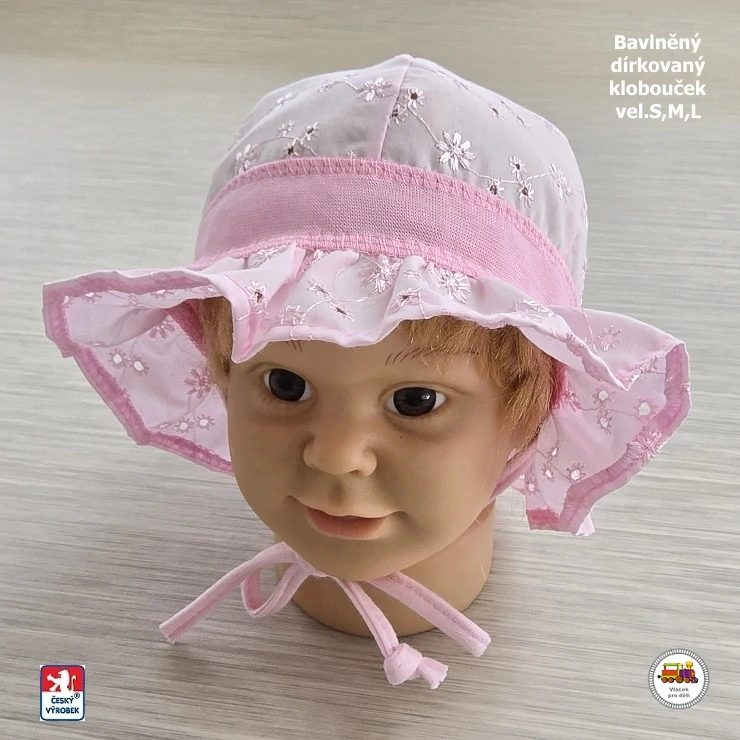 NOVINKA-Dívčí klobouček bavlněný zavazovací Spark dírkovaný vel.S (2-6měs), M (6měs-1rok), L (1-3roky)