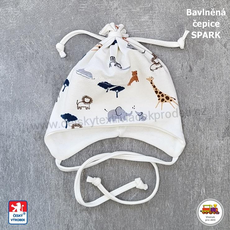 NOVINKA-Bavlněná zavazovací čepice Spark vel.XS (0měs-2měs), vel. S (2měs-6měs)