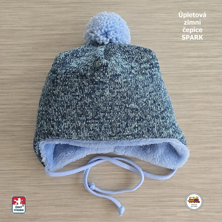 NOVINKA-Dětská zimní čepice Spark Úpletová zavazovací vel.L (1-3 roky) a XL (3-5 let)