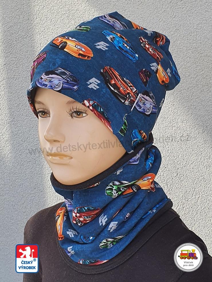 NOVINKA-Dětská zimní čepice dlouhá a nákrčník Spark bavlna s fleesem vel.L (1-3roky), XL (3-6let), XXL (6-X let)