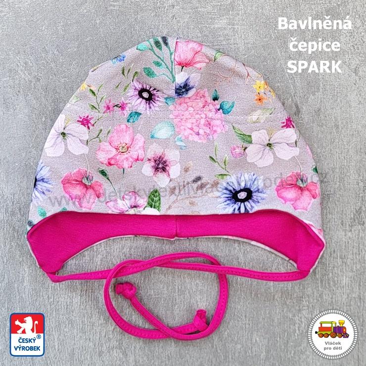 NOVINKA-Bavlněná zavazovací čepice Spark vel.M (6měs-1rok) vel.L (1-3roky), XL (3-6let)