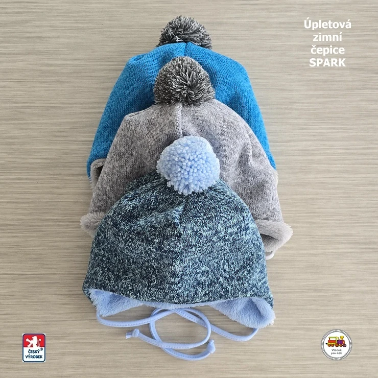NOVINKA-Dětská zimní čepice Spark Úpletová zavazovací vel.L (1-3 roky) a XL (3-5 let)