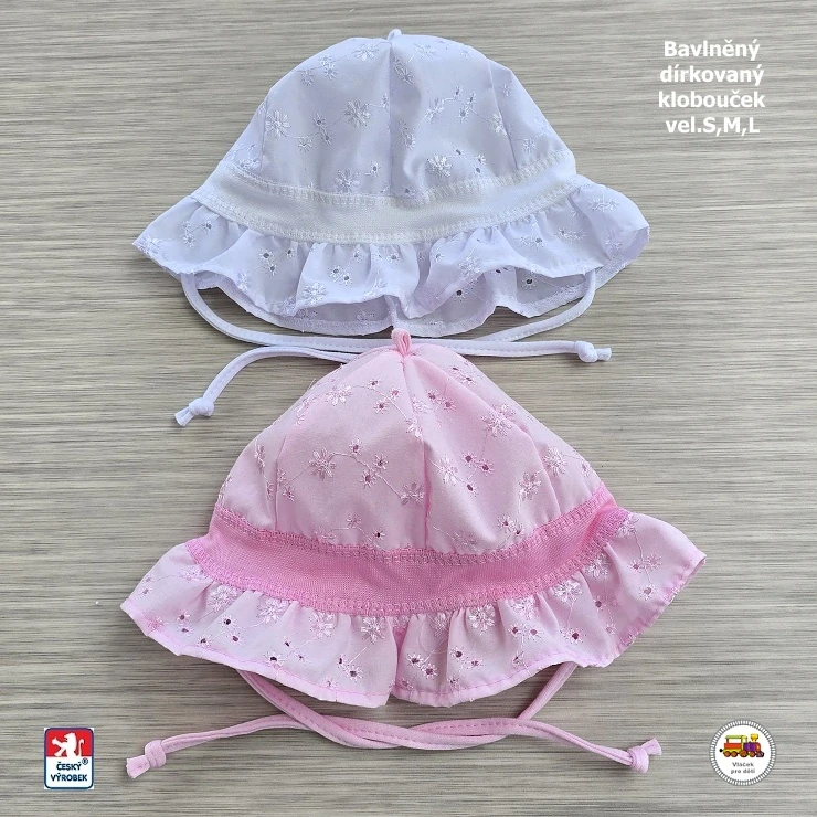 NOVINKA-Dívčí klobouček bavlněný zavazovací Spark dírkovaný vel.S (2-6měs), M (6měs-1rok), L (1-3roky)