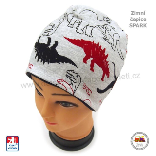 Chlapecká zimní čepice Spark /211/ bavlna s fleesem Dinosaurus na šedé vel.M (6měs-1rok)