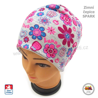 Dívčí zimní čepice Spark /204/ bavlna s fleesem Kytičky a sovičky vel.M (6měs-1rok)