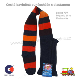 Punčocháče bavlněné s elastanem široký oranžovočerný pruh vel.146-152