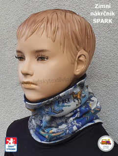 Dětský zimní nákrčník bavlna s fleesem Spark /361/ T-REX modrý vel.L (1-3roky)